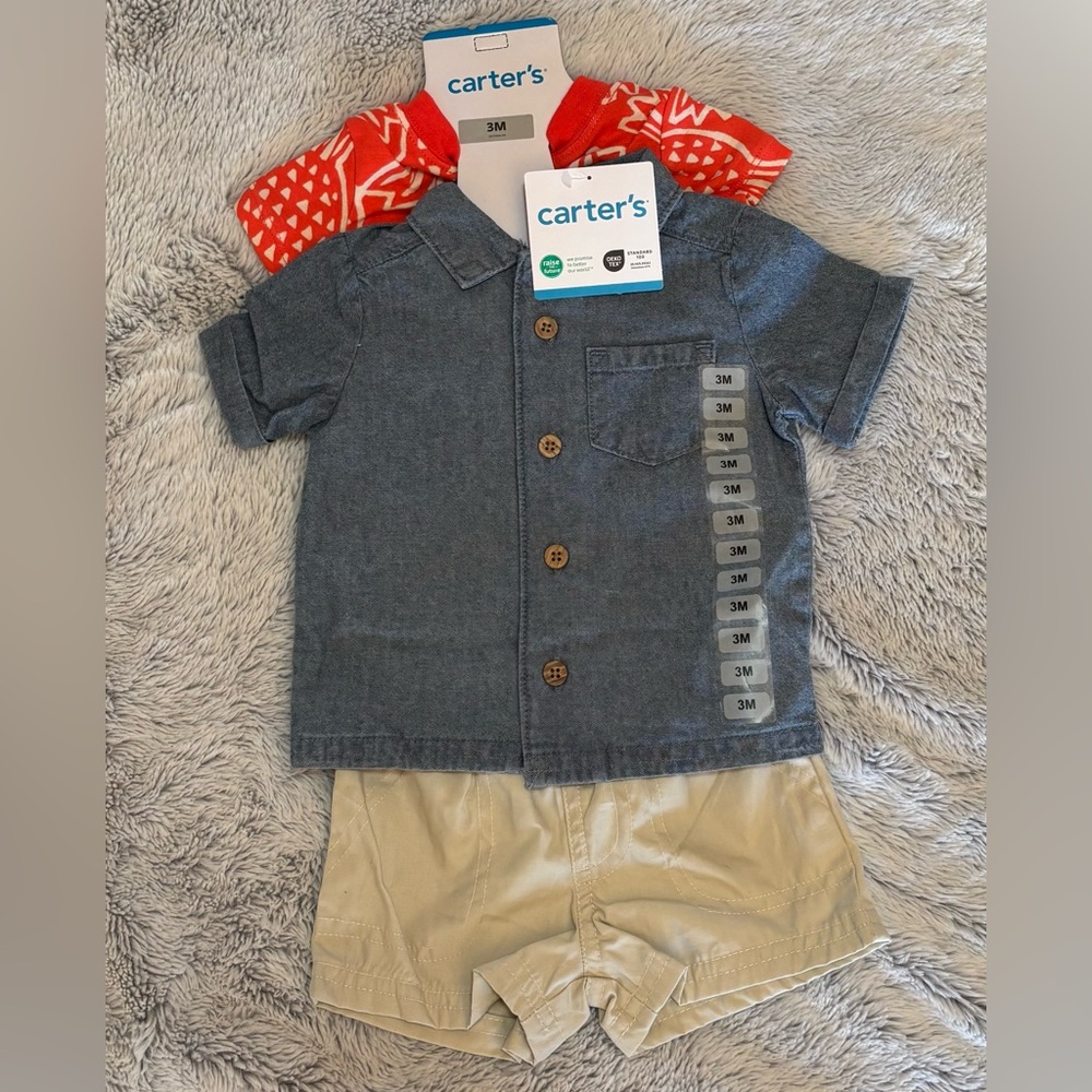 Carter's 3 Pc Set - Blue Shirt, Tan Shorts, and orange print bodysuit, 3 mos